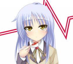 Rule 34 | 10s, 1girl, angel beats!, expressionless, food, light purple hair, long hair, looking up, mapo tofu, school uniform, simple background, solo, suterii, tenshi (angel beats!), upper body, white hair, yellow eyes
