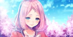 Rule 34 | 1girl, blue eyes, blue sky, blurry, blurry background, cherry blossoms, collarbone, commentary, day, facial mark, forehead mark, half-closed eyes, haruno sakura, holding, holding paper, jacket, jewelry, lips, naruto (series), naruto shippuuden, necklace, outdoors, paper, parted bangs, pearl necklace, petals, pink hair, pink lips, red jacket, sasucchi95, short hair, sky, smile, solo, spoilers, symbol-shaped pupils, upper body