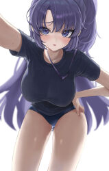 Rule 34 | 1girl, absurdres, blue archive, highres, long hair, looking at viewer, purple eyes, sheng zhidou, shirt, short sleeves, simple background, solo, two side up, yuuka (blue archive)