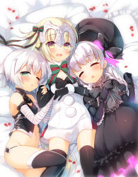 Rule 34 | 10s, 3girls, :d, arm belt, bandaged arm, bandages, bell, beret, black legwear, blonde hair, blush, bow, bowtie, braid, child, closed eyes, commentary request, cuddling, doll joints, elbow gloves, fate/apocrypha, fate/extra, fate/grand order, fate (series), girl sandwich, gloves, gothic lolita, green eyes, hat, headpiece, jack the ripper (fate/apocrypha), jeanne d&#039;arc (fate), jeanne d&#039;arc (ruler) (fate), jeanne d&#039;arc alter (fate), jeanne d&#039;arc alter santa lily (fate), joints, lolita fashion, looking at viewer, lying, multiple girls, nursery rhyme (fate), on bed, one eye closed, open mouth, panties, petals, pillow, pom pom (clothes), sandwiched, sazaki ichiri, short hair, sleeping, smile, thighhighs, underwear, white hair, yellow eyes
