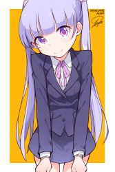 Rule 34 | 1girl, character name, commentary, copyright name, cowboy shot, formal, head tilt, highres, long hair, looking at viewer, new game!, purple eyes, purple hair, signature, simple background, skirt, smile, solo, suit, suzukaze aoba, tosyeo, twintails, very long hair, yellow background