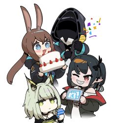 Rule 34 | 1other, 3girls, absurdres, amiya (arknights), animal ears, arknights, black hair, blue eyes, brown hair, cake, cat ears, cat girl, character request, confetti, doctor (arknights), food, green eyes, highres, ingsae, kal&#039;tsit (arknights), multiple girls, one eye closed, open mouth, pointy ears, rabbit girl, simple background, smile, vampire, white background