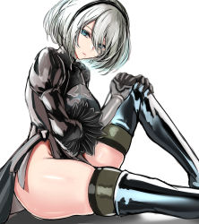 Rule 34 | absurdres, black dress, black hairband, blue eyes, boots, cleavage cutout, clothing cutout, dress, feather-trimmed sleeves, gloves, hairband, highres, juliet sleeves, kaoru1307, leather, leather boots, long sleeves, mole, mole under mouth, nier (series), nier:automata, no blindfold, puffy sleeves, simple background, thighhighs, thighhighs under boots, vambraces, white background, white hair, 2b (nier:automata)