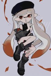 Rule 34 | 1girl, beret, black footwear, black hat, black jacket, black shorts, blunt bangs, boots, brown eyes, brown hair, closed mouth, commentary, cross-laced footwear, dolphin shorts, finger to mouth, floating, full body, gradient hair, grey background, grey hair, hat, imaikuy0, inkling, inkling girl, inkling player character, jacket, knee up, long hair, long sleeves, looking at viewer, mask, mole, mole under eye, multicolored hair, nintendo, off shoulder, open clothes, open jacket, pointy ears, shirt, short shorts, shorts, sleeveless, sleeveless shirt, solo, symbol-only commentary, tentacle hair, very long hair
