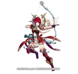 Rule 34 | 1girl, arrow (projectile), bow (weapon), chyko7080, copyright notice, dated, fire emblem, fire emblem fates, fire emblem heroes, full body, garter straps, gloves, hinoka (fire emblem), nintendo, official alternate costume, official art, quiver, red eyes, red gloves, red hair, red thighhighs, scarf, short hair, simple background, solo, thighhighs, thighs, weapon, white background, zettai ryouiki