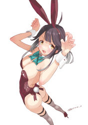 Rule 34 | ahoge, alternate costume, animal ears, aqua bow, aqua bowtie, ass, black hair, bow, bowtie, breasts, cleavage, curled fingers, detached collar, from above, full body, grey thighhighs, hair ribbon, hayanami (kancolle), highres, kantai collection, leotard, one-piece thong, playboy bunny, ponytail, purple leotard, rabbit ears, rabbit tail, ribbon, sidelocks, simple background, small breasts, strap slip, tail, tetsukuzu (yajirushi shita), thighhighs, white background, white ribbon, wrist cuffs, yellow eyes