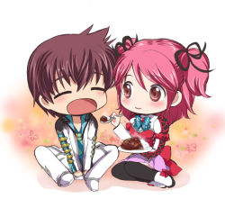 Rule 34 | 1boy, 1girl, akina tsukako, asbel lhant, bad id, bad pixiv id, blush, brown eyes, brown hair, cheria barnes, chibi, couple, curry, closed eyes, feeding, food, pink hair, purple skirt, short hair, skirt, smile, spoon, tales of (series), tales of graces, twintails, two side up