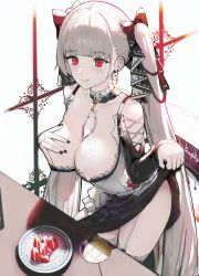 Rule 34 | 1girl, absurdres, ah (pixiv62888100), azur lane, between breasts, black dress, black nails, black ribbon, blunt bangs, blush, breasts, cleavage, closed mouth, clothes lift, commentary, cowboy shot, cream, cream on body, cream on face, detached collar, dress, dress lift, earrings, food, food on face, formidable (azur lane), fruit, garter straps, hair ribbon, hand on own chest, highres, jewelry, large breasts, lifted by self, long hair, nail polish, plate, red eyes, ribbon, shadow, silver hair, simple background, smile, solo, strawberry, symbol-only commentary, thighhighs, thighs, twintails, white background, white neckwear, white thighhighs