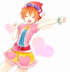 Rule 34 | 1girl, :d, arm up, beanie, belt, bracelet, clenched hands, closed eyes, commentary request, cowboy shot, dutch angle, facing viewer, hat, heart, heart print, hoshizora rin, idol, jewelry, kosame koori, love live!, love live! school idol festival, love live! school idol project, open mouth, orange hair, pink shirt, pink shorts, polka dot, print shorts, puffy short sleeves, puffy sleeves, raised fist, red belt, red hat, shirt, short hair, short shorts, short sleeves, shorts, smile, solo, sparkle, standing