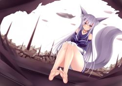 Rule 34 | 1girl, animal ears, breasts, elbow gloves, feet, female focus, fox ears, fox tail, gloves, hands on own knees, kitsune, large breasts, long hair, md5 mismatch, original, otono fei, panties, purple eyes, purple hair, resized, sitting, smile, soles, solo, striped clothes, striped panties, tail, underwear