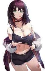 Rule 34 | 1girl, bandaid, black choker, black hair, black shirt, black shorts, blouse, breasts, choker, cleavage, clothes pull, commentary, cowboy shot, dolphin shorts, goomrrat, green eyes, hair between eyes, highres, jacket, jewelry, large breasts, long hair, long sleeves, looking at viewer, midriff, mole, mole under eye, mouth hold, multicolored hair, navel, off shoulder, open clothes, open jacket, original, pendant, red hair, shirt, short shorts, shorts, simple background, sleeveless, sleeveless shirt, solo, standing, stomach, strap slip, streaked hair, symbol-only commentary, thighs, torn clothes, torn shirt, white background
