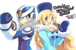 Rule 34 | 1boy, 1girl, android, blonde hair, blue coat, blush, breasts, buttons, capcom, coat, copyright name, dated, earrings, fur hat, fur trim, gloves, green eyes, hat, helmet, iroyopon, jewelry, kalinka cossack (mega man), long hair, looking at viewer, medium breasts, mega man (series), open mouth, over-1 (mega man), rockman xover, signature, simple background, smile, ushanka, white background