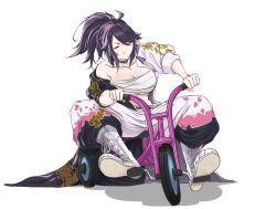 Rule 34 | 1girl, annoyed, bicycle, black hair, black jacket, blue hair, boots, breasts, chinese commentary, cleavage, eyebrows hidden by hair, highres, indie virtual youtuber, jacket, kson, l.m gu feng, large breasts, midriff, multicolored clothes, multicolored hair, multicolored jacket, pants, ponytail, riding, riding bicycle, sarashi, solo, souchou, streaked hair, sweatdrop, tricycle, two-tone jacket, v-shaped eyebrows, virtual youtuber, white footwear, white jacket, white pants