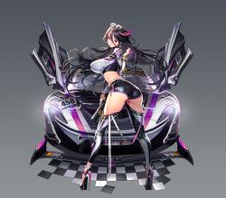 Rule 34 | 1girl, ass, black hair, black shorts, breasts, checkered floor, clothing cutout, crop top, destiny child, eyewear on head, fingernails, glasses, high heels, highres, large breasts, lips, looking at viewer, looking back, multicolored hair, nail polish, navel, navel cutout, pink hair, punc p, purple eyes, race queen, race vehicle, short shorts, shorts, skindentation, thick thighs, thighhighs, thighs, turning head, wallet, zephyr (destiny child)