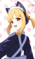 Rule 34 | 1girl, :3, :d, absurdres, animal ear headphones, animal ears, apron, back, blonde hair, blue archive, blunt bangs, cat ear headphones, commentary request, daeyu k, fake animal ears, from behind, halo, head tilt, headphones, highres, long sleeves, looking at viewer, looking back, maid, maid apron, maid headdress, momoi (blue archive), momoi (maid) (blue archive), official alternate costume, official alternate hairstyle, open mouth, polka dot, polka dot background, red eyes, short hair, sidelocks, simple background, smile, solo, upper body, v-shaped eyebrows, white apron, white background