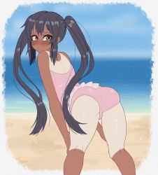 Rule 34 | 1girl, absurdres, ass, beach, bikini, black hair, blush, brown eyes, closed mouth, day, frilled bikini, frills, from behind, hands on own knees, highres, k-on!, long hair, looking at viewer, nakano azusa, naughty face, outdoors, pink bikini, pink one-piece swimsuit, smile, solo, swimsuit, tan, tanline, twintails, young savage