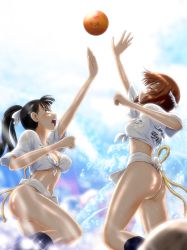 Rule 34 | 2girls, arm up, artist request, ass, ball, black eyes, black hair, blouse, blurry, blurry background, blush, boots, breasts, brown eyes, brown hair, cleavage, day, female focus, fundoshi, girls und panzer, headband, highres, japanese clothes, jumping, medium breasts, medium hair, multiple girls, nishi kinuyo, nishizumi miho, outdoors, ponytail, rope, shiny skin, shirt, short hair, sunlight, teeth, thighs, upper teeth only, volleyball (object), water, wet, wet clothes, white shirt