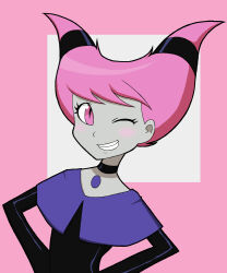 Rule 34 | 1girl, black choker, black shirt, blush, capelet, choker, commentary, dc comics, grin, hair horns, hands on own hips, jinx (dc), looking at viewer, medium hair, one eye closed, pink background, pink eyes, pink hair, purple capelet, shirt, simple background, smile, solo, tak-u (sugurusato), teen titans, two-tone background, upper body, white background