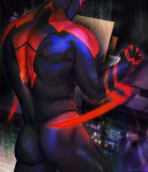 Rule 34 | 1boy, arm blade, ass, back, back focus, blue bodysuit, bodysuit, highres, male focus, marvel, miguel o&#039;hara, muscular, muscular male, red bodysuit, shejiyeah, solo, spider-man: across the spider-verse, spider-man (2099), spider-man (series), spider-verse, thick thighs, thighs, two-tone bodysuit, weapon