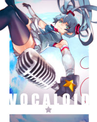 Rule 34 | 1girl, aqua eyes, aqua hair, elbow gloves, falling, gloves, hatsune miku, highres, laio, long hair, looking at viewer, microphone, microphone stand, skirt, smile, solo, thighhighs, twintails, very long hair, vintage microphone, vocaloid, zettai ryouiki
