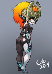 Rule 34 | 1girl, artist name, ass, blonde hair, breasts, colo (nagrolaz), colored sclera, fang, from behind, gradient hair, grin, helmet, long hair, looking back, midna, multicolored hair, neon trim, nintendo, nude, orange hair, pointy ears, ponytail, red eyes, small breasts, smile, solo, the legend of zelda, the legend of zelda: twilight princess, yellow sclera