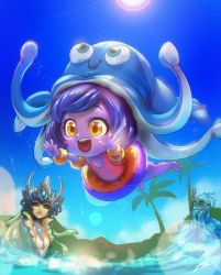 Rule 34 | 1boy, 2girls, :d, alternate skin color, animal hat, barefoot, black sclera, blue skin, chibi, colored sclera, colored skin, gem, hat, headpiece, highres, inflatable armbands, innertube, jumping, league of legends, lens flare, lulu (league of legends), meme, mermaid, monster boy, monster girl, multiple girls, nami (league of legends), ocean, open mouth, outstretched arms, palm tree, partially submerged, phantom ix row, pool party lulu, pool party zac, purple hair, purple skin, red eyes, signature, smile, snorkel, squid hat, swim ring, swimsuit, tree, water, yellow eyes, yordle, zac (league of legends)