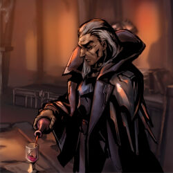 Rule 34 | 1boy, alcohol, bottle, brown coat, closed eyes, closed mouth, coat, cup, drinking glass, from side, glass, grey hair, highres, holding, holding bottle, league of legends, long hair, long sleeves, male focus, old, old man, phantom ix row, profile, solo, swain (league of legends), wine bottle, wine glass