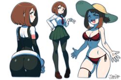 Rule 34 | 1girl, ^ ^, absurdres, artist name, ass, bikini, black bodysuit, black pantyhose, blush stickers, bodysuit, boku no hero academia, breasts, brown eyes, brown footwear, brown hair, cleavage, closed eyes, closed mouth, collared shirt, commentary, cropped legs, dated, from behind, gluteal fold, green skirt, hand on own hip, hat, highres, large breasts, loafers, long sleeves, looking up, maydaykiki, multiple views, necktie, open mouth, pantyhose, pleated skirt, red bikini, red necktie, school uniform, shirt, shoes, short hair, short ponytail, side-tie bikini bottom, sidelocks, simple background, skin tight, skirt, smile, standing, straw hat, swimsuit, teeth, thigh strap, triangle mouth, turning head, u.a. school uniform, upper teeth only, uraraka ochako, v, white background, white shirt, wide hips