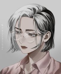 Rule 34 | 1girl, black hair, blackbox (blackbox9158), blouse, brown eyes, collared shirt, forehead, from side, glasses, grey background, highres, lee seolhwa, lips, looking down, multicolored hair, omniscient reader&#039;s viewpoint, pink shirt, portrait, round eyewear, shirt, short hair, solo, symbol-only commentary, two-tone hair, white hair