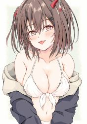 Rule 34 | 1girl, bikini, black jacket, breasts, brown eyes, brown hair, cleavage, collarbone, commentary request, dairyo3, front-tie bikini top, front-tie top, highres, jacket, kantai collection, medium hair, sendai (kancolle), simple background, small breasts, smile, solo, swimsuit, tongue, tongue out, two side up, upper body, white background, white bikini