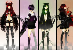 Rule 34 | 10s, 4girls, bad deviantart id, bad id, bikini, bikini top only, black devil girl, black gold saw, black matagi, black rock shooter, black thighhighs, boots, blowing bubbles, celestialvalkyrie, chain, checkered background, chewing gum, choker, column lineup, digital media player, dual wielding, from behind, glasses, great black sword, green eyes, headphones, highres, holding, horns, knee boots, long hair, multiple girls, navel, red eyes, short hair, shorts, star (symbol), swimsuit, sword, thigh boots, thighhighs, torn clothes, torn legwear, weapon, zettai ryouiki