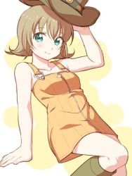 Rule 34 | 1girl, boots, breasts, brown hair, closed mouth, final fantasy, final fantasy viii, flipped hair, green eyes, hat, looking at viewer, lowres, selphie tilmitt, sensaki chihiro, short hair, simple background, smile, solo, white background, yellow overalls