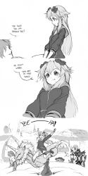 Rule 34 | &gt; &lt;, &lt;o&gt; &lt;o&gt;, 10s, 2boys, 3girls, adult neptune, animal ears, breasts, cat ears, cat girl, comic, d-pad, d-pad hair ornament, english text, from behind, greyscale, hair ornament, hat, heart, highres, hood, hooded track jacket, isaki tanaka, jacket, kirin (monster hunter), long hair, looking at viewer, medium breasts, monochrome, monster hunter (series), moruu, multiple boys, multiple girls, nepgyaa, neptune (neptunia), neptune (series), parka, pointing, purple eyes, purple hair, rathalos (armor), sexually suggestive, shin jigen game neptune vii, smile, sword, tail, text focus, track jacket, traditional media, weapon