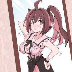 Rule 34 | 1girl, asahi, blush, breasts, brown hair, casual, chibi, cleavage, dress, female focus, horns, large breasts, long hair, looking at mirror, looking at viewer, lowres, mirror, mirror image, pointy ears, ponytail, red eyes, rina (taimanin asagi), skirt, solo, standing, sweat, taimanin (series), taimanin asagi, taimanin rpgx, upper body