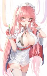 Rule 34 | 1girl, adjusting eyewear, azur lane, blunt bangs, breasts, buttons, cape, cleavage, cowboy shot, futasan, glasses, gloves, hat, highres, holding, holding syringe, large breasts, long hair, looking at viewer, mouth hold, needle, nurse, nurse cap, perseus (azur lane), perseus (unfamiliar duties) (azur lane), pink gloves, pink hair, purple eyes, red-framed eyewear, shirt, solo, syringe, thighhighs, thighs, twintails, very long hair, white shirt, white thighhighs, wrist cuffs