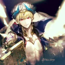 Rule 34 | 1boy, bare pectorals, blonde hair, circlet, collar, earrings, fate/grand order, fate (series), gilgamesh, gilgamesh (caster) (fate), gilgamesh (fate), highres, jewelry, koshika rina, male focus, pectorals, red eyes, shoulder tattoo, solo, tattoo