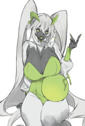 Rule 34 | 1girl, 5tsukado, :d, arm behind back, breasts, cantaloupe, colored skin, colored tongue, cropped legs, de count-chan (555hidoi789miso), double-parted bangs, fingernails, food, fruit, green eyes, green leotard, green nails, green tongue, grey skin, hair between eyes, highleg, highleg leotard, highres, horns, huge breasts, leotard, long fingernails, long hair, looking at viewer, melon, open mouth, original, pantyhose, plump, sidelocks, signature, sitting, smile, twintails, v, very long hair, white background, white hair, white pantyhose, white shrug