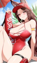 Rule 34 | 1girl, animal ears, arm support, blush, breasts, brown eyes, brown hair, cleavage, commentary, commission, criss-cross halter, ears through headwear, fox ears, fox girl, halterneck, highres, indie virtual youtuber, large breasts, lifeguard, long hair, looking at viewer, one-piece swimsuit, outdoors, ponytail, red headwear, red one-piece swimsuit, saeko kitsune, skeb commission, smile, solo, sweat, swimsuit, thigh strap, thighs, tochi keisuke, virtual youtuber