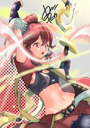 Rule 34 | absurdres, alternate costume, anna (fire emblem), anna (fire emblem engage), arm up, bow (weapon), fire emblem, fire emblem engage, fist pump, high ponytail, highres, holding, holding bow (weapon), holding weapon, medaka digital, midriff, navel, nintendo, open mouth, red eyes, red hair, teeth, upper body, upper teeth only, weapon