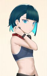 Rule 34 | 1girl, :|, adjusting hair, aqua hair, arm up, armpits, bare shoulders, black pants, blue eyes, blue hair, blue sports bra, blunt bangs, bob cut, breasts, closed mouth, colored inner hair, curled fingers, expressionless, groin, headphones, headphones around neck, highres, looking at viewer, midriff, multicolored hair, navel, original, pants, playing with own hair, red headphones, sedai, short hair, sleeveless, small breasts, solo, sports bra, standing, stomach, striped, striped background, two-tone hair, upper body, vertical stripes, watch, wristwatch, yellow background