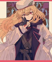 Rule 34 | 1girl, belt, blonde hair, bug, butterfly, coat, cogecha, copyright request, fur trim, hair between eyes, hand in pocket, hat, highres, insect, long hair, looking at viewer, red eyes, smile, solo, upper body, white coat, white hat