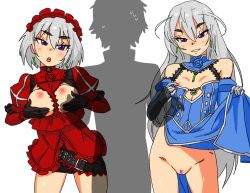 Rule 34 | 10s, 1boy, 2girls, bare shoulders, black gloves, breast lift, breasts, breasts out, chaika bogdan, cleavage reach, clothes lift, detached collar, detached sleeves, dress, earrings, elbow gloves, exhibitionism, eyebrows, flat chest, gloves, grin, hairband, hitsugi no chaika, invisible man, jewelry, juliet sleeves, kiriririn, large breasts, layla (hitsugi no chaika), lolita hairband, long hair, long sleeves, multiple girls, naughty face, nipple slip, nipples, no panties, pelvic curtain, pelvic curtain lift, public indecency, puffy sleeves, purple eyes, pussy, short hair, silver hair, skirt, skirt lift, smile, uncensored, very long hair