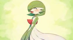 Rule 34 | 1girl, ^ ^, blush, closed eyes, colored skin, creatures (company), female focus, from side, game freak, gardevoir, gen 3 pokemon, green background, green hair, green skin, hair over one eye, happy, makoto ikemu, multicolored skin, nintendo, open mouth, own hands together, pokemon, pokemon (creature), shiny skin, short hair, simple background, smile, solo, standing, two-tone skin, v arms, white skin