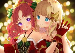 Rule 34 | akino (princess connect!), bare shoulders, blonde hair, blue eyes, blush, bow, breasts, christmas, elf, gloves, hair bow, hair ornament, highres, holding hands, jewelry, kodama (koda mat), lacing fingers, long hair, multiple girls, open mouth, pointy ears, ponytail, princess connect!, purple eyes, red hair, saren (princess connect!), smile