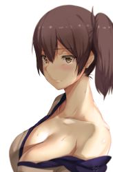 Rule 34 | 10s, 1girl, breasts, brown eyes, brown hair, cleavage, crying, female focus, hews, highres, kaga (kancolle), kantai collection, large breasts, looking at viewer, short hair, side ponytail, signature, simple background, solo, tears, white background