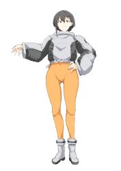 Rule 34 | 1girl, automatic giraffe, black eyes, black hair, bodysuit, boots, closed mouth, commentary, covered navel, english commentary, full body, gluteal fold, hair between eyes, hand on own hip, jacket, light smile, long sleeves, looking at viewer, orange bodysuit, original, short hair, simple background, smile, solo, standing, white background