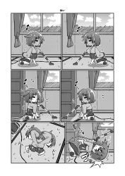 Rule 34 | 10s, 1girl, 4koma, chibi, cleaning, comic, curtains, gin (shioyude), greyscale, halftone, highres, hiryuu (kancolle), indoors, kantai collection, monochrome, musical note, o3o, outline, quaver, silent comic, sleeves past wrists, translated, vacuum cleaner, whistling, white outline, window