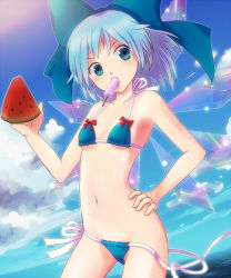 Rule 34 | 1girl, bad id, bad pixiv id, bikini, bow, cirno, cloud, day, flat chest, food, fruit, hair bow, hand on own hip, holding, holding food, holding fruit, large bow, mouth hold, navel, nunucco, ocean, popsicle, resized, revision, side-tie bikini bottom, sky, solo, string bikini, swimsuit, touhou, transparent, untied, wardrobe malfunction, watermelon, wings