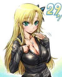 Rule 34 | 10s, 1girl, amania orz, blonde hair, blush, boku wa tomodachi ga sukunai, breasts, butterfly hair ornament, cleavage, gradient background, green eyes, hair ornament, jewelry, kashiwazaki sena, large breasts, long hair, long sleeves, necklace, shirt, sleeves past wrists, solo, striped clothes, striped shirt, sweat, sweatdrop, upper body