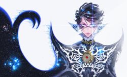 Rule 34 | 1girl, bayonetta, bayonetta, bayonetta (series), bayonetta 2, blue eyes, collar, constellation, earrings, frilled collar, frills, glasses, glowing, glowing eyes, jewelry, lens flare, looking at viewer, mole, mole under mouth, official art, parted lips, pendant, serious, shimazaki mari, short hair, simple background, solo, star (sky), upper body